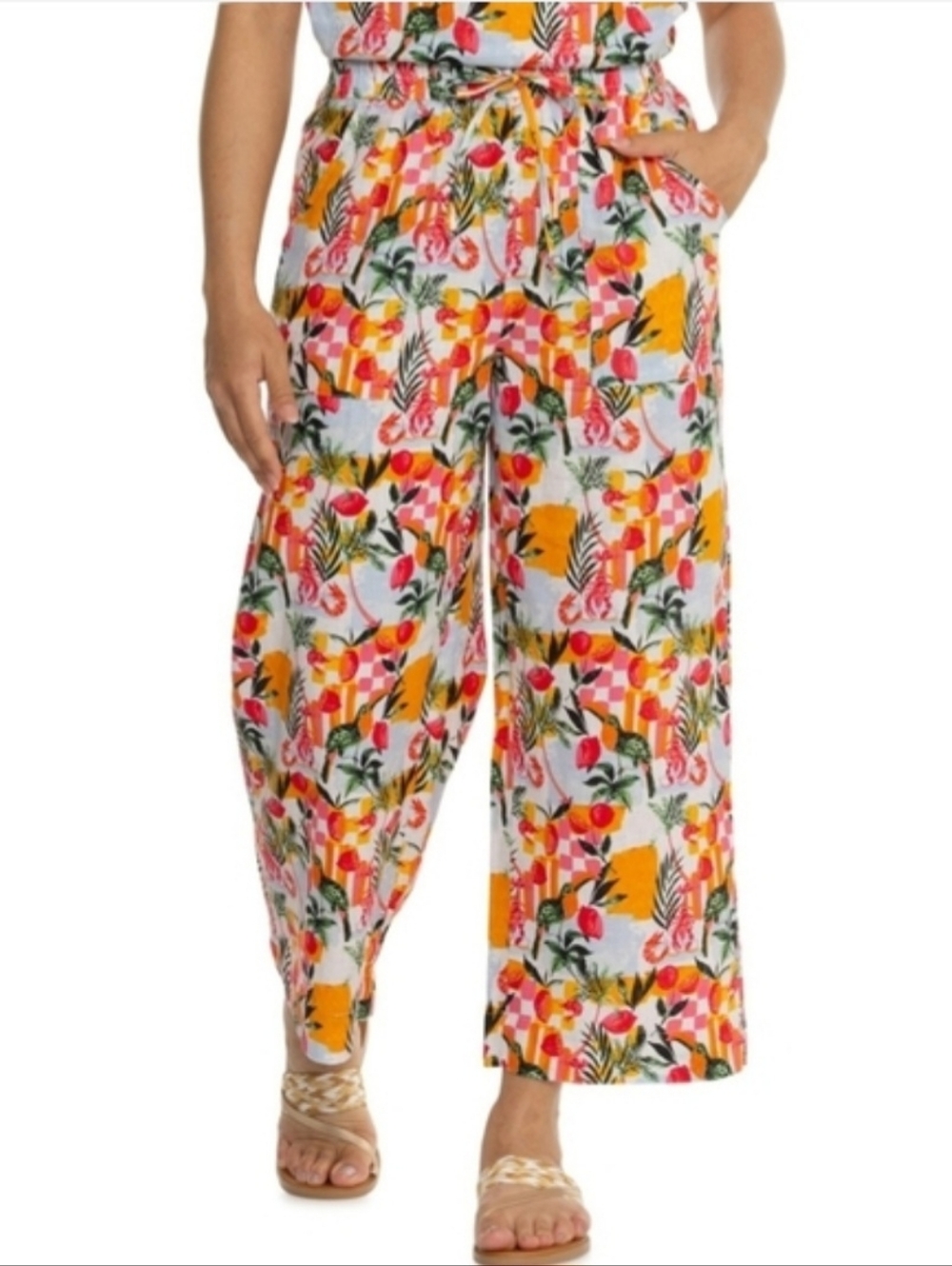 C&C California Porkchop Floral Wide-Leg Pants - Yellow, Pink, Green Medium New